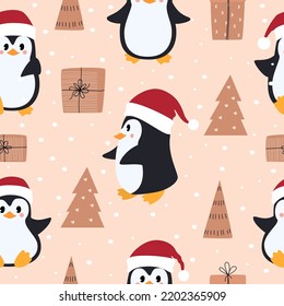 La Navidad es un patrón sin fisuras con pingüinos, árboles de Navidad y regalos de vacaciones. Ilustración vectorial.