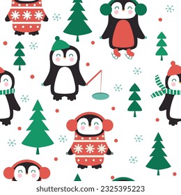 Navidad sin fisuras con pingüinos, árboles y copos de nieve. Ilustración vectorial. 