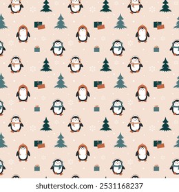 Natal padrão sem costura com pinguins, árvores de Natal e presentes em um fundo bege. Ilustração vetorial