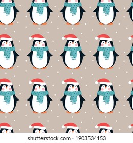 Christmas seamless pattern with penguins. Vector illustration. 