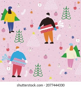 Christmas seamless pattern with people. Holiday print. Vector hand drawn illustration.
