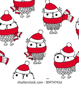 Christmas seamless pattern with a picture of cartoon owls in red Santa hat and scarf. Vector illustration.