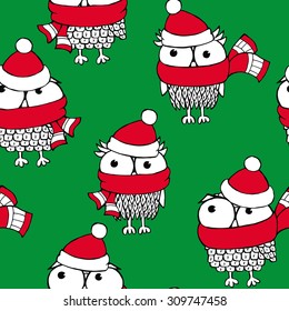 Christmas seamless pattern with a picture of cartoon owls in Santa hat and scarf on green background. Vector illustration.