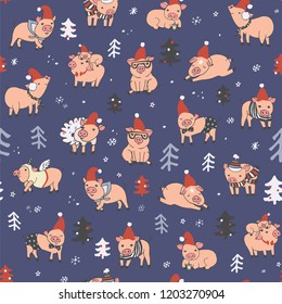 christmas seamless pattern with pigs, vector new year illustration