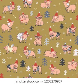 christmas seamless pattern with pigs, vector new year illustration
