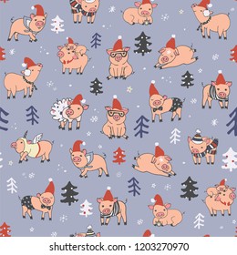 christmas seamless pattern with pigs, vector new year illustration