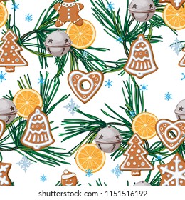 Christmas seamless pattern of pine branches, holiday cookies and Christmas decorations.