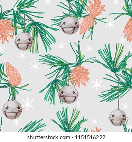 Christmas seamless pattern of pine branches and cones.