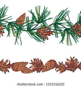 Christmas seamless pattern of pine branches and cones.