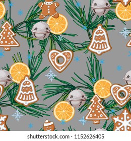 Christmas seamless pattern of pine branches, holiday cookies and Christmas decorations.