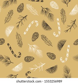 Christmas Seamless pattern with Pine Branches, winter plants hand drawn art design vector illustration.