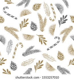 Christmas Seamless pattern with Pine Branches, winter plants hand drawn art design vector illustration.