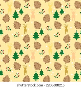 Christmas seamless pattern with pine cone, tree and holly berries on creamy yellow background. Christmas plant seasonal surface. Botanical vector illustration.