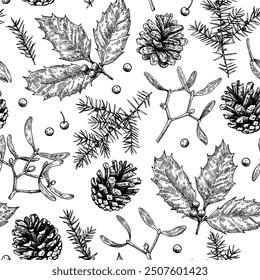 Christmas seamless pattern with pine cones, holly, mistletoe and juniper. Monochrome vector illustration in engraving style.