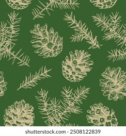Christmas seamless pattern with pine cones and juniper. Monochrome vector illustration in engraving style.