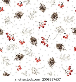 Christmas seamless pattern, pine cones, red berries, twigs, snow, white background. Vector illustration. Nature design. Season greeting. Winter holidays
