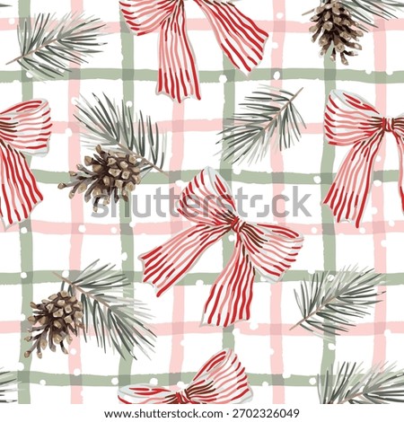 Christmas seamless pattern, pine cones, twigs, bows, snow, gingham background. Vector illustration. Nature design. Season greeting. Winter xmas holidays