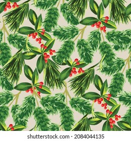 Christmas seamless pattern with pine and holly. Holiday pattern with foliage, cream background for wrapping paper, pattern fills