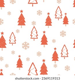 Christmas seamless pattern with pine tree and gold snowflakes on white background vector illustration.