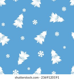 Christmas seamless pattern with pine tree and snowflakes on blue sky background vector illustration.