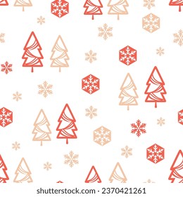 Christmas seamless pattern with pine tree and gold snowflakes on white background vector illustration.