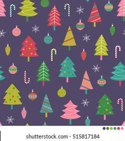 Christmas seamless pattern with pine tree, ball, candy cane and snowflake vector