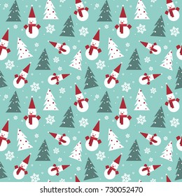 Christmas Seamless Pattern With Pine Tree And Snowman Winter Holidays Ornament Wrapping Paper Background Concept Illustration Stock Vector