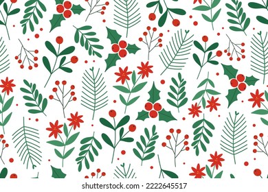 Patrón de Navidad sin fisuras con Pine tree, berrys, florals. Fondo de vacaciones.
