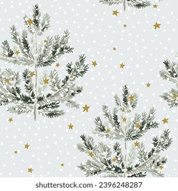 Christmas seamless pattern, pine trees, stars, snow, gray background. Vector illustration. Nature design. Season greeting. Winter Xmas holidays