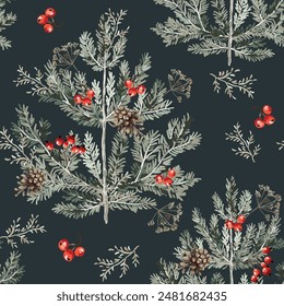 Christmas seamless pattern, pine trees, red berries, cones, black night background. Vector illustration. Nature design. Season greeting. Winter Xmas holidays