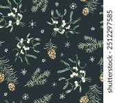 Christmas seamless pattern, pine twigs, cones, mistletoe, snowflakes, black night background. Vector illustration. Nature design. Season greeting. Winter holidays
