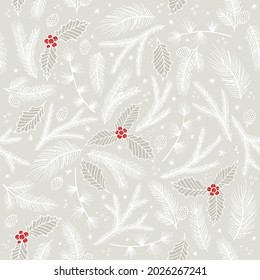 Patrón de Navidad sin fisuras. Ropa de pino, bayas rojas, copos de nieve. Papel digital de bienvenida de temporada. Vacaciones navideñas de invierno
