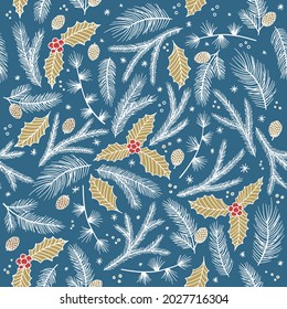 Christmas seamless pattern. Pine twigs, red berries, snowflakes. Season greeting digital paper. Winter Xmas holidays