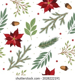 Christmas seamless pattern. Pine twigs, red berries, christmas tree. Winter Xmas holidays.