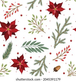 Christmas seamless pattern. Pine twigs, red berries, christmas tree. Winter Xmas holidays.