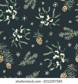 Christmas seamless pattern, pine twigs, cones, mistletoe, snowflakes, black night background. Vector illustration. Nature design. Season greeting. Winter holidays