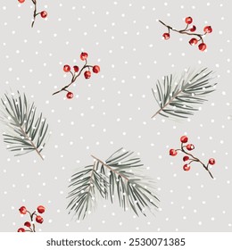 Christmas seamless pattern, pine twigs, red berries, snow, beige background. Vector illustration. Nature design. Season greeting. Winter holidays