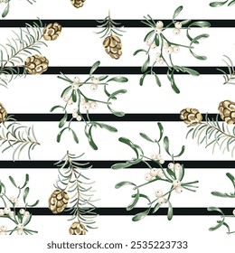 Christmas seamless pattern, pine twigs, cones, mistletoe, striped background. Vector illustration. Nature design. Season greeting. Winter holidays