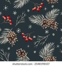 Natal padrão sem costura, galhos de pinho, cones, bagas vermelhas, flocos de neve, fundo de noite preto. Ilustração vetorial. Design da natureza. Saudação de estação. Feriados de inverno