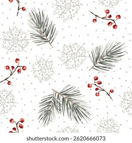 Christmas seamless pattern, pine twigs, red berries, snowflakes, snow, white background. Vector illustration. Nature design. Season greeting. Winter holidays