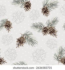 Christmas seamless pattern, pine twigs, cones, snowflakes, snow, gray background. Vector illustration. Forest nature design. Season greeting. Winter holidays