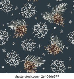 Christmas seamless pattern, pine twigs, cones, snowflakes, black night background. Vector illustration. Forest nature design. Season greeting. Winter holidays