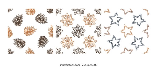 Christmas seamless pattern with pinecones, ginger cookies, and stars