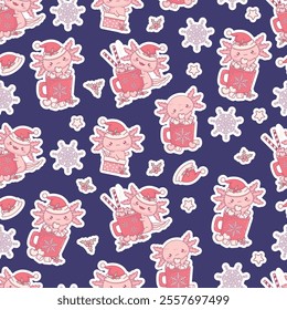 Christmas Seamless pattern with pink Axolotl Santa in gift box, with festive cup Hot Cocoa with Marshmallows  on Future Dusk background. New Year Funny cartoon kawaii character. Vector illustration