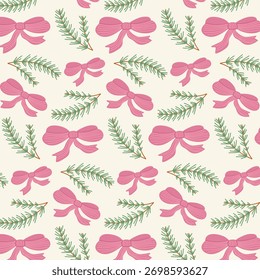 Navidades sin patrón con un lazo rosa y rama de pino. Concepto de vacaciones de invierno para envolver papel, tela y tarjetas de felicitación. Vector.