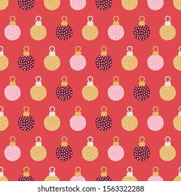 Christmas seamless pattern with pink, gold and bordo balls on red background. Perfect for greeting cards, wallpaper, gift paper, winter decorations