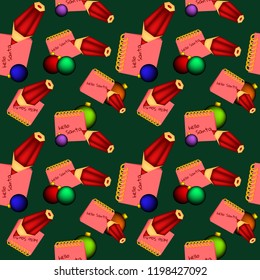 Christmas seamless pattern with pink notebooks, red pencils and multicolored baubles on green background