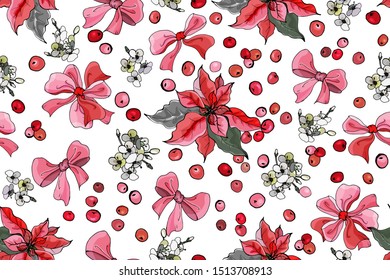 Christmas seamless pattern with pink poinsettia, holly berries, flowers and pink bows on white background. For festive season design, greeting cards, invitation, posters. Vector illustration.