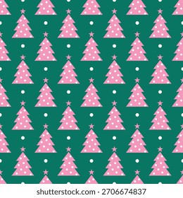 Christmas Seamless Pattern with Pink Christmas Trees on Green – Cute Festive Holiday Tree Repeat Design