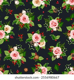 Christmas seamless pattern with pink and white roses, holly, pinecones, and fir branches. Vector floral print. Hand-drawn illustration, not AI